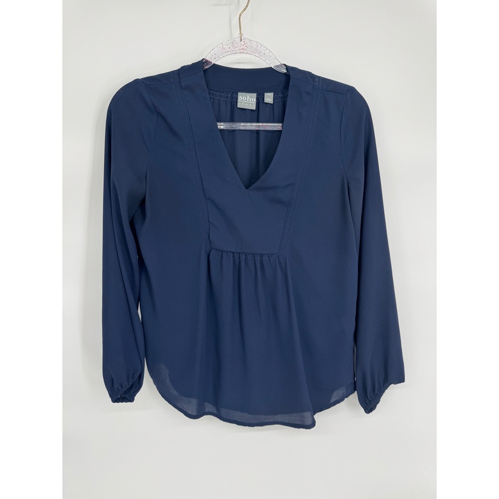 New‎ York & Company Soho Jeans Navy Blue V-Neck Long Sleeve Blouse Sz XS Pretty!